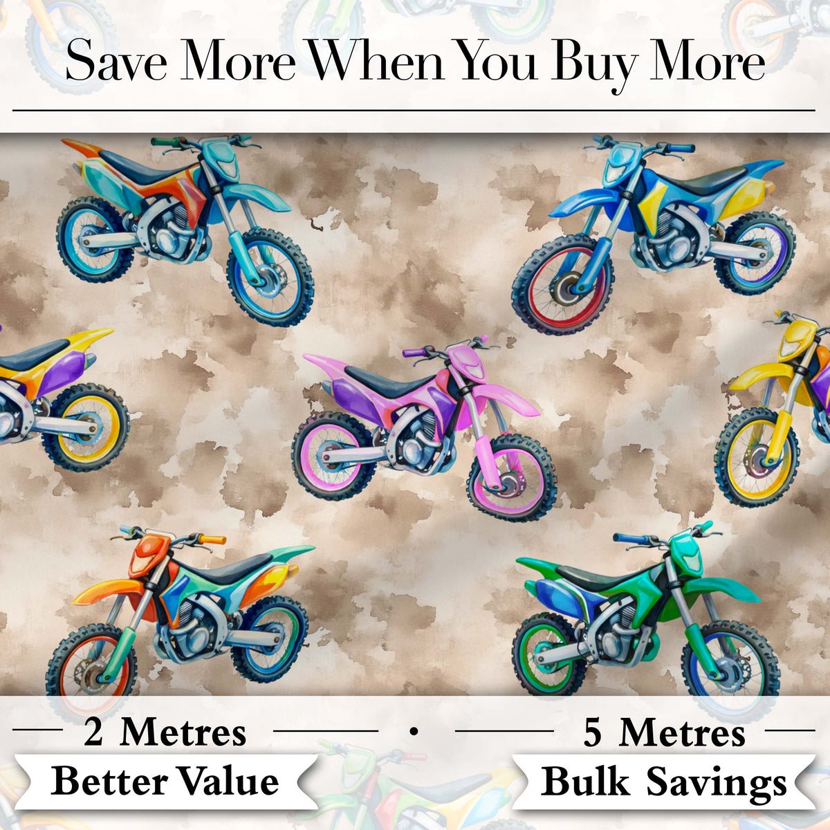 Colorful Kids Dirt Bike Motocross Seamless Pattern on Beige Background Digital Print Fabric by the Metre UK Sewing Quilting Textile