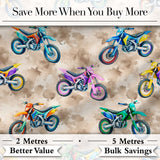Colorful Kids Dirt Bike Motocross Seamless Pattern on Beige Background Digital Print Fabric by the Metre UK Sewing Quilting Textile