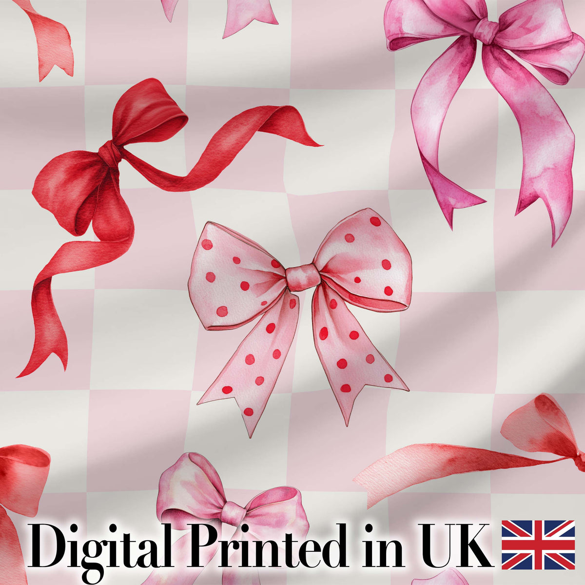 Watercolor Ribbon Bow Seamless Pattern on Pink Gingham Background Digital Print Fabric by the Metre UK Sewing Quilting Textile