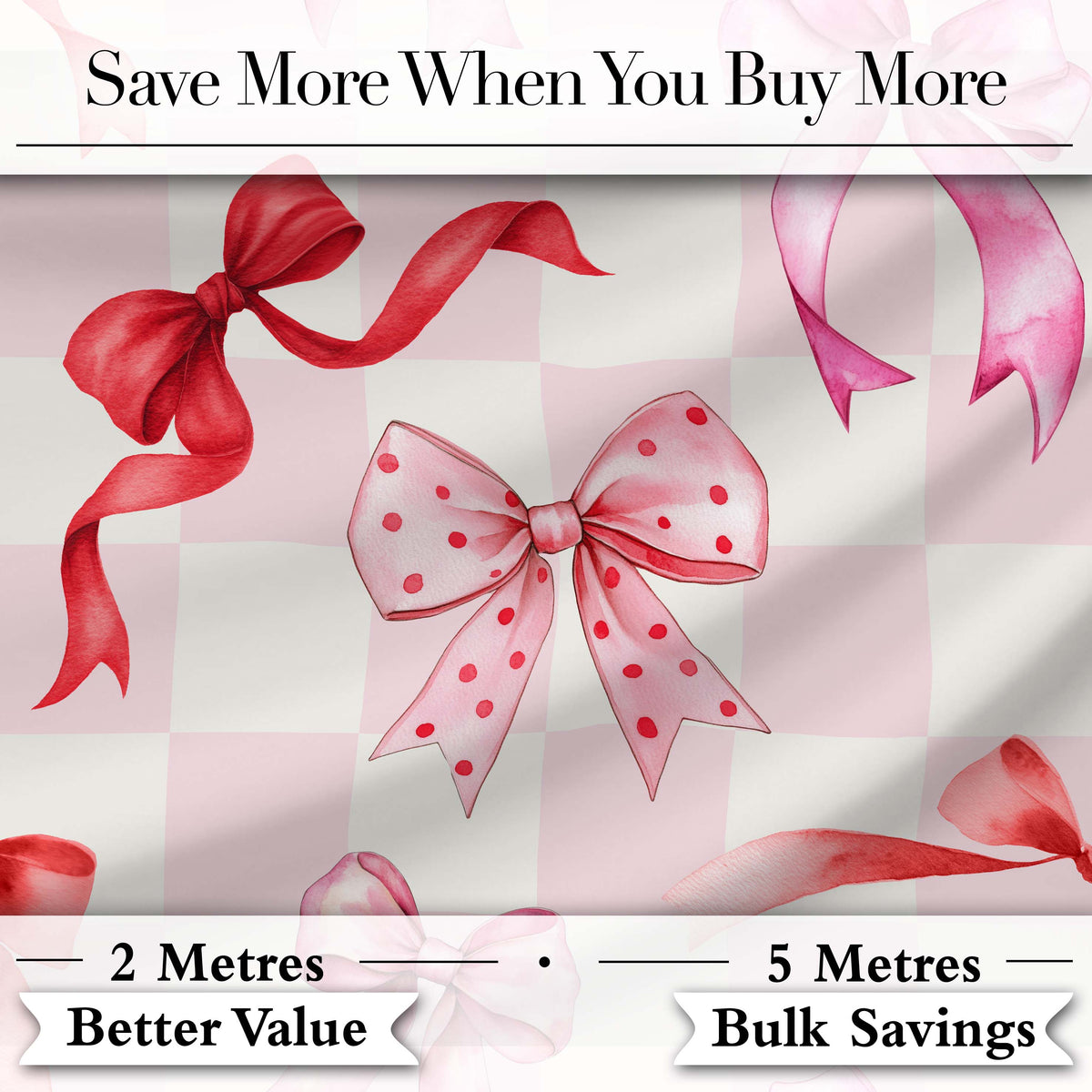 Watercolor Ribbon Bow Seamless Pattern on Pink Gingham Background Digital Print Fabric by the Metre UK Sewing Quilting Textile