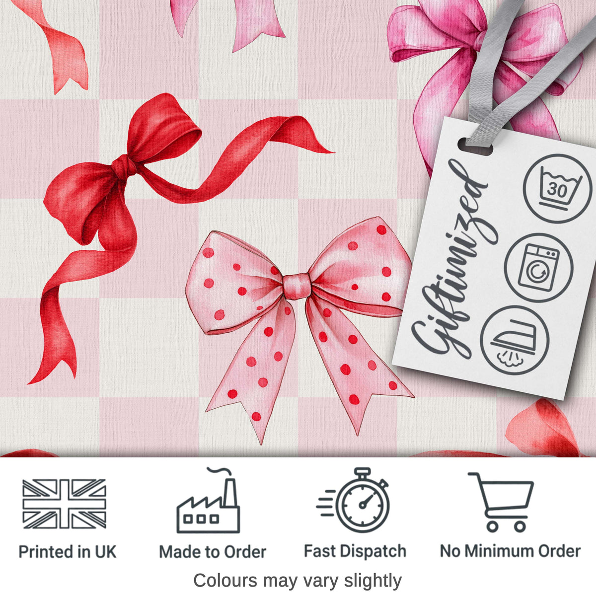 Watercolor Ribbon Bow Seamless Pattern on Pink Gingham Background Digital Print Fabric by the Metre UK Sewing Quilting Textile