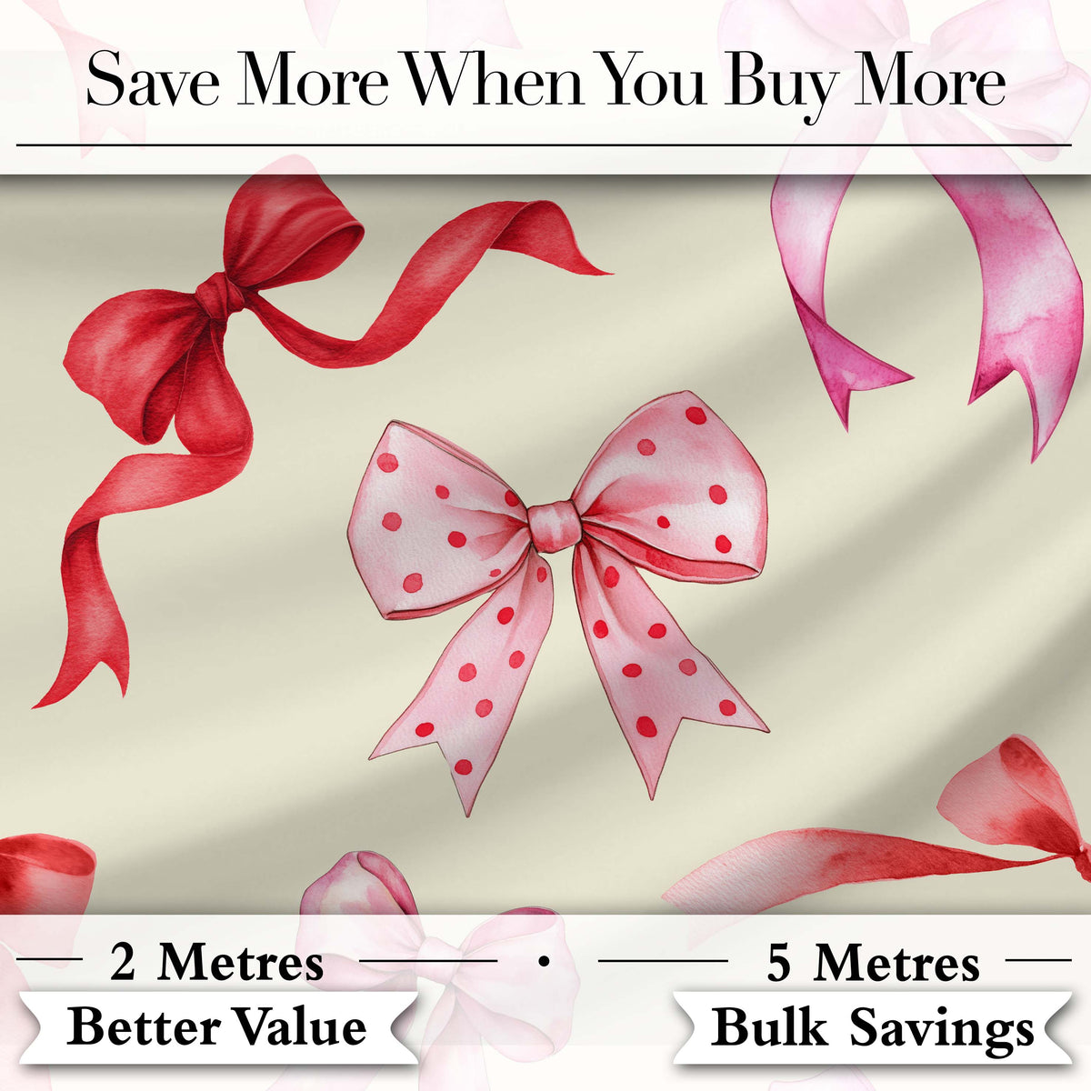 Watercolor Ribbon Bow Seamless Pattern on Cream Background Digital Print Fabric by the Metre UK Sewing Quilting Textile
