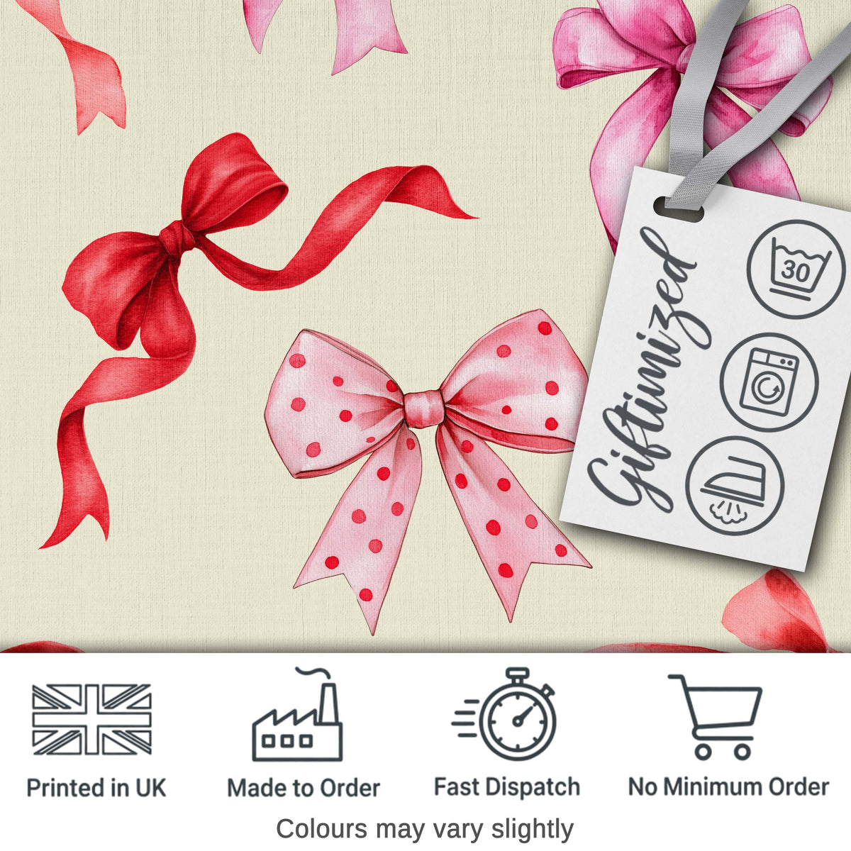 Watercolor Ribbon Bow Seamless Pattern on Cream Background Digital Print Fabric by the Metre UK Sewing Quilting Textile
