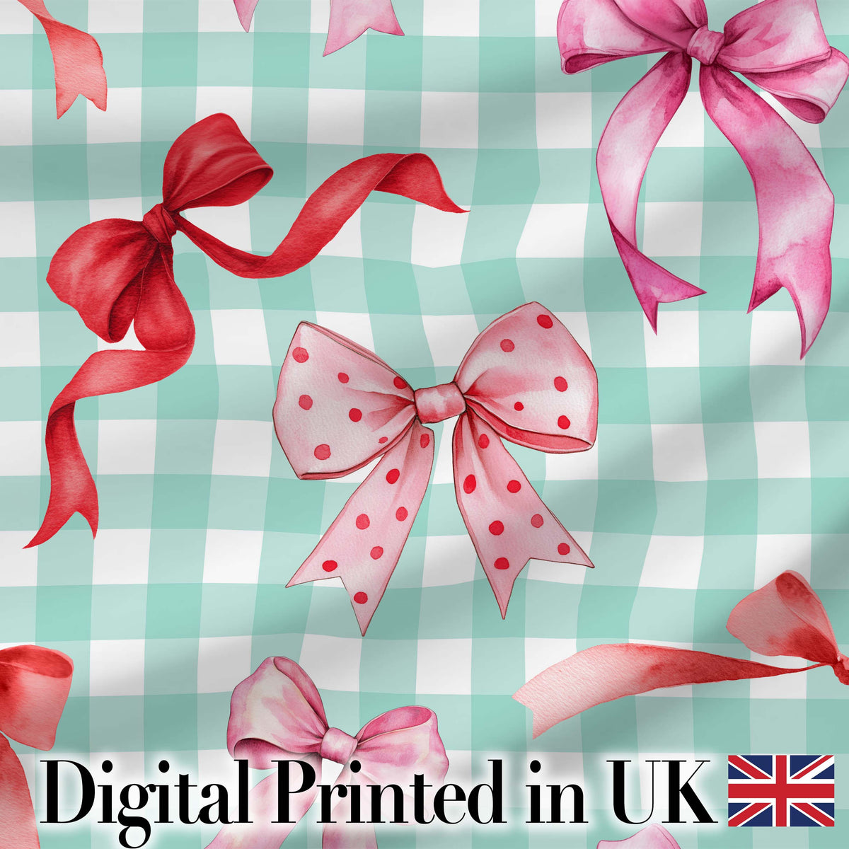 Watercolor Ribbon Bow Seamless Pattern on Mint Gingham Background Digital Print Fabric by the Metre UK Sewing Quilting Textile