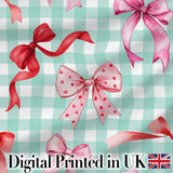 Watercolor Ribbon Bow Seamless Pattern on Mint Gingham Background Digital Print Fabric by the Metre UK Sewing Quilting Textile