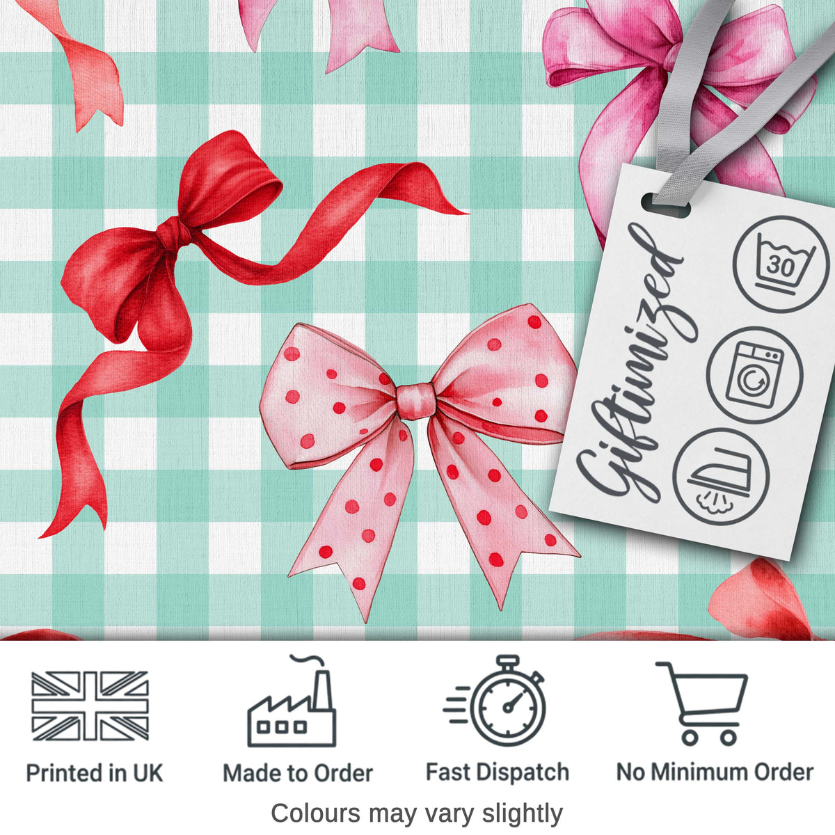 Watercolor Ribbon Bow Seamless Pattern on Mint Gingham Background Digital Print Fabric by the Metre UK Sewing Quilting Textile