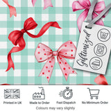 Watercolor Ribbon Bow Seamless Pattern on Mint Gingham Background Digital Print Fabric by the Metre UK Sewing Quilting Textile