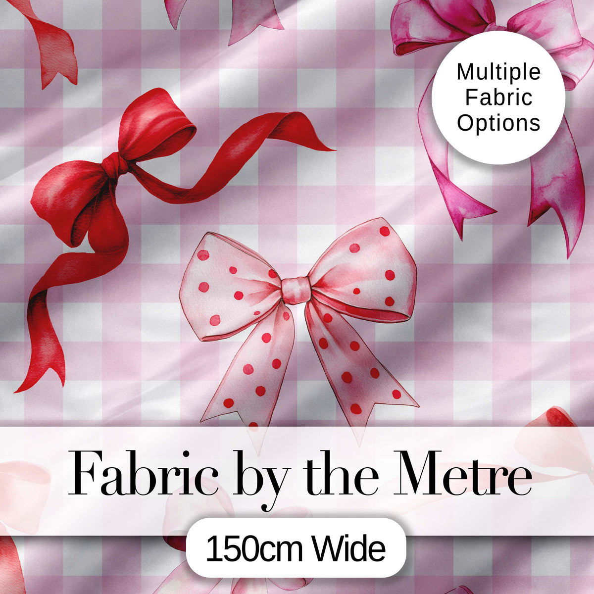 Watercolor Ribbon Bow Seamless Pattern on Blush Gingham Background Digital Print Fabric by the Metre UK Sewing Quilting Textile