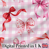 Watercolor Ribbon Bow Seamless Pattern on Blush Gingham Background Digital Print Fabric by the Metre UK Sewing Quilting Textile