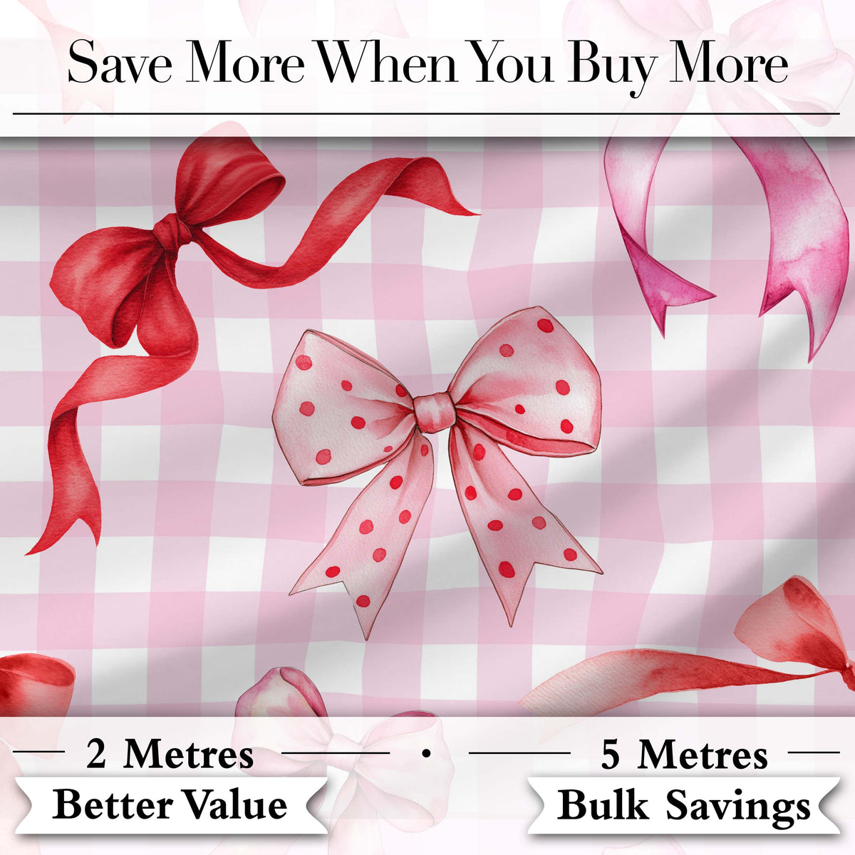 Watercolor Ribbon Bow Seamless Pattern on Blush Gingham Background Digital Print Fabric by the Metre UK Sewing Quilting Textile