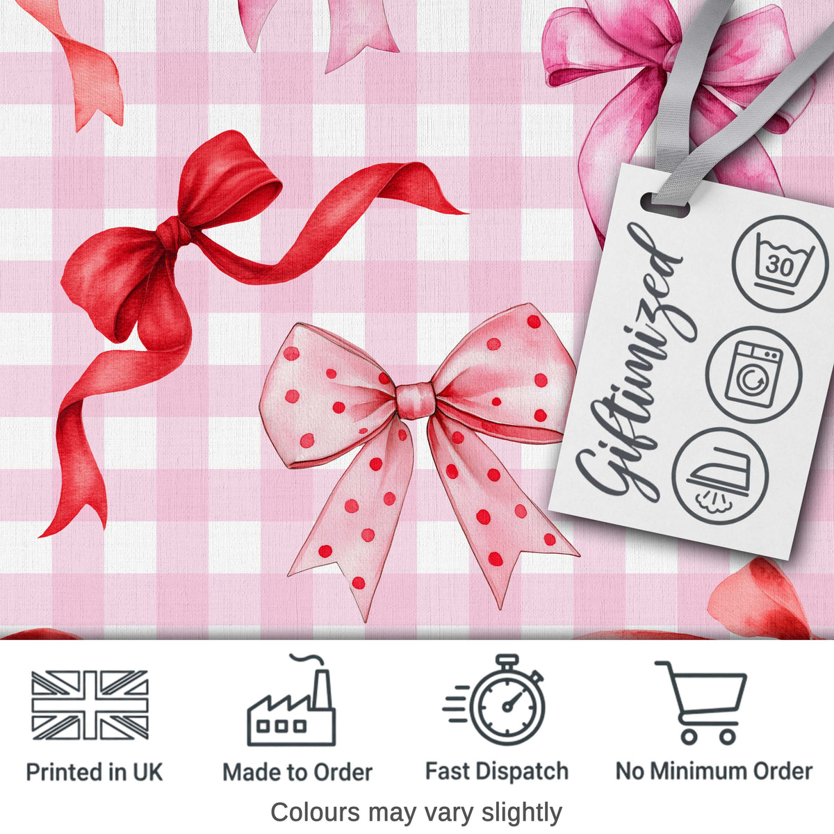 Watercolor Ribbon Bow Seamless Pattern on Blush Gingham Background Digital Print Fabric by the Metre UK Sewing Quilting Textile