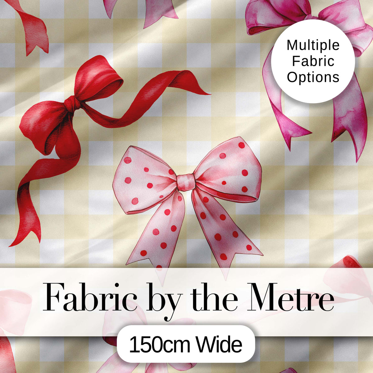 Watercolor Ribbon Bow Seamless Pattern on Yellow Gingham Background Digital Print Fabric by the Metre UK Sewing Quilting Textile
