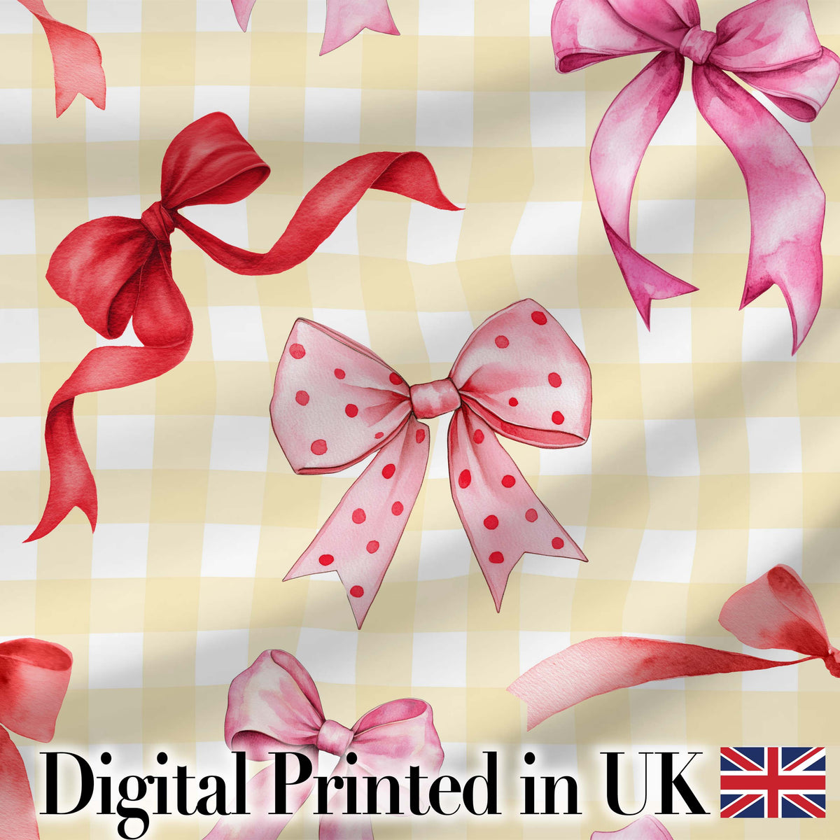 Watercolor Ribbon Bow Seamless Pattern on Yellow Gingham Background Digital Print Fabric by the Metre UK Sewing Quilting Textile