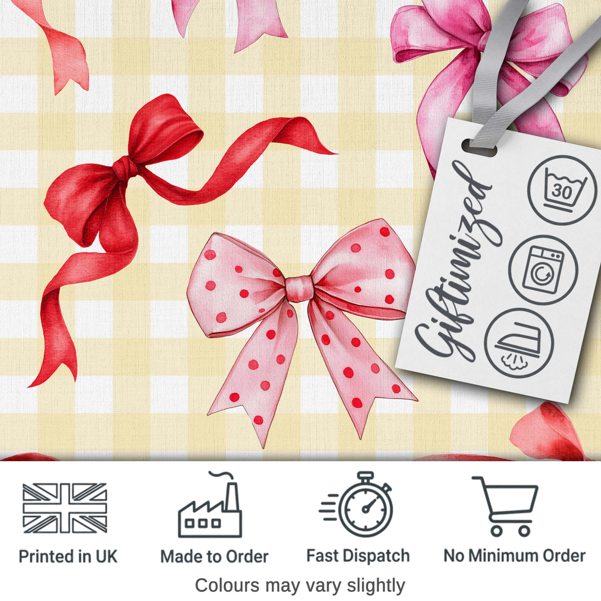 Watercolor Ribbon Bow Seamless Pattern on Yellow Gingham Background Digital Print Fabric by the Metre UK Sewing Quilting Textile
