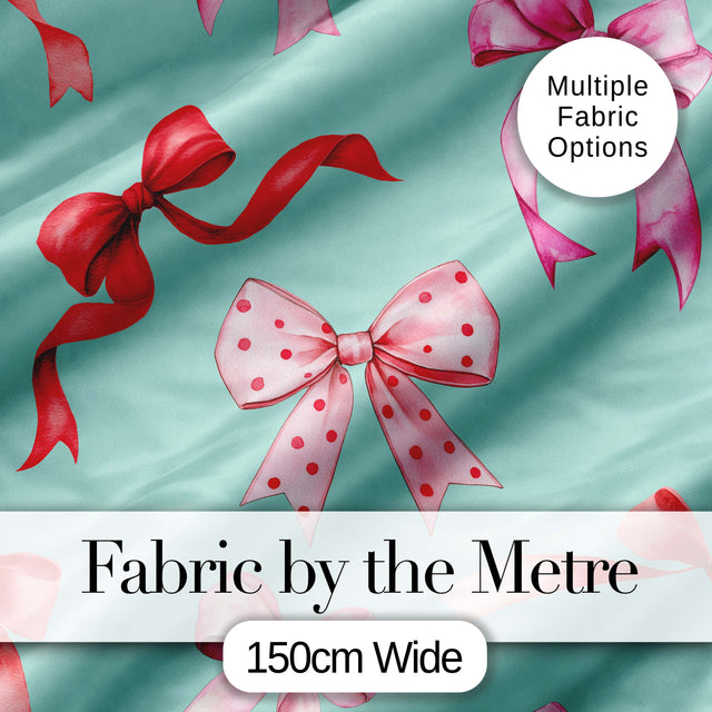 Watercolor Ribbon Bow Seamless Pattern on Teal Background Digital Print Fabric by the Metre UK Sewing Quilting Textile