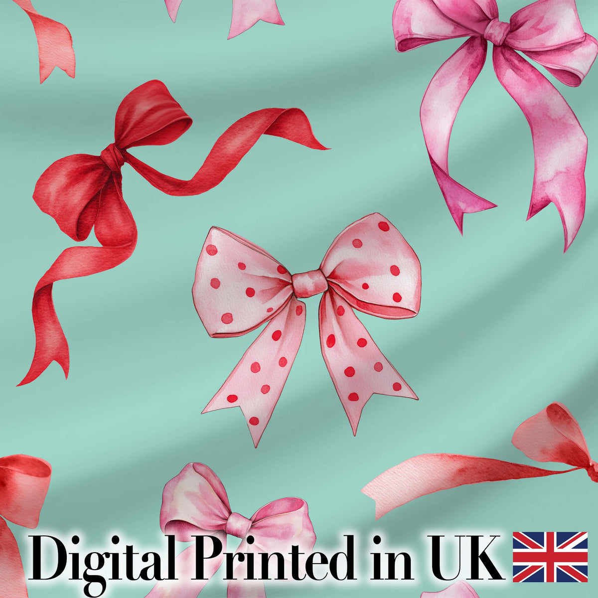 Watercolor Ribbon Bow Seamless Pattern on Teal Background Digital Print Fabric by the Metre UK Sewing Quilting Textile