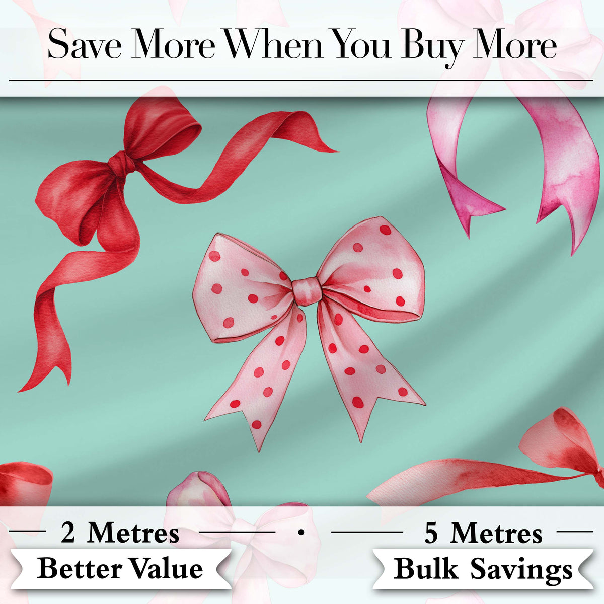 Watercolor Ribbon Bow Seamless Pattern on Teal Background Digital Print Fabric by the Metre UK Sewing Quilting Textile