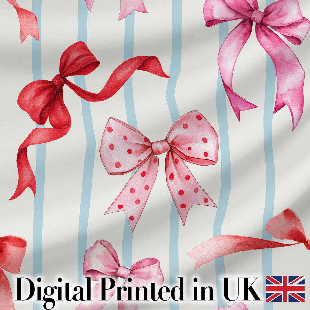 Watercolor Ribbon Bow Seamless Pattern on Blue Stripe Background Digital Print Fabric by the Metre UK Sewing Quilting Textile
