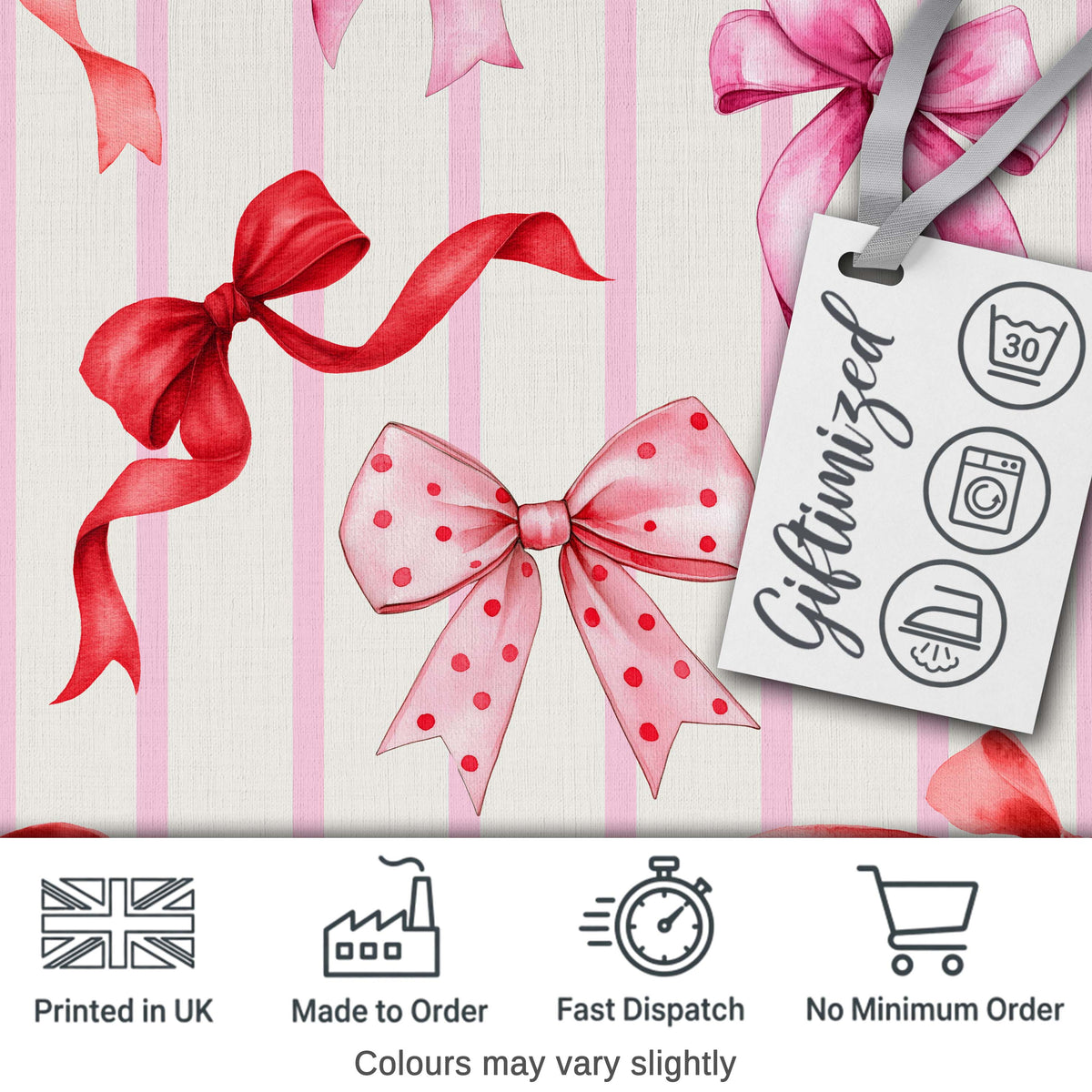 Watercolor Ribbon Bow Seamless Pattern on Pink Stripe Background Digital Print Fabric by the Metre UK Sewing Quilting Textile