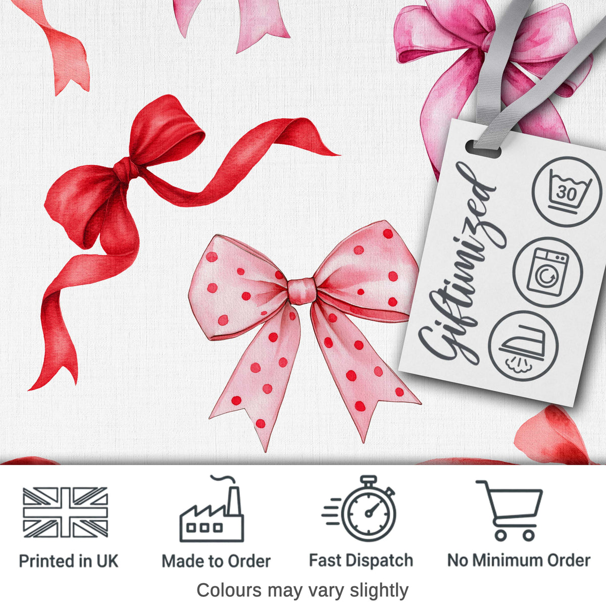 Watercolor Ribbon Bow Seamless Pattern on Light Grey Background Digital Print Fabric by the Metre UK Sewing Quilting Textile