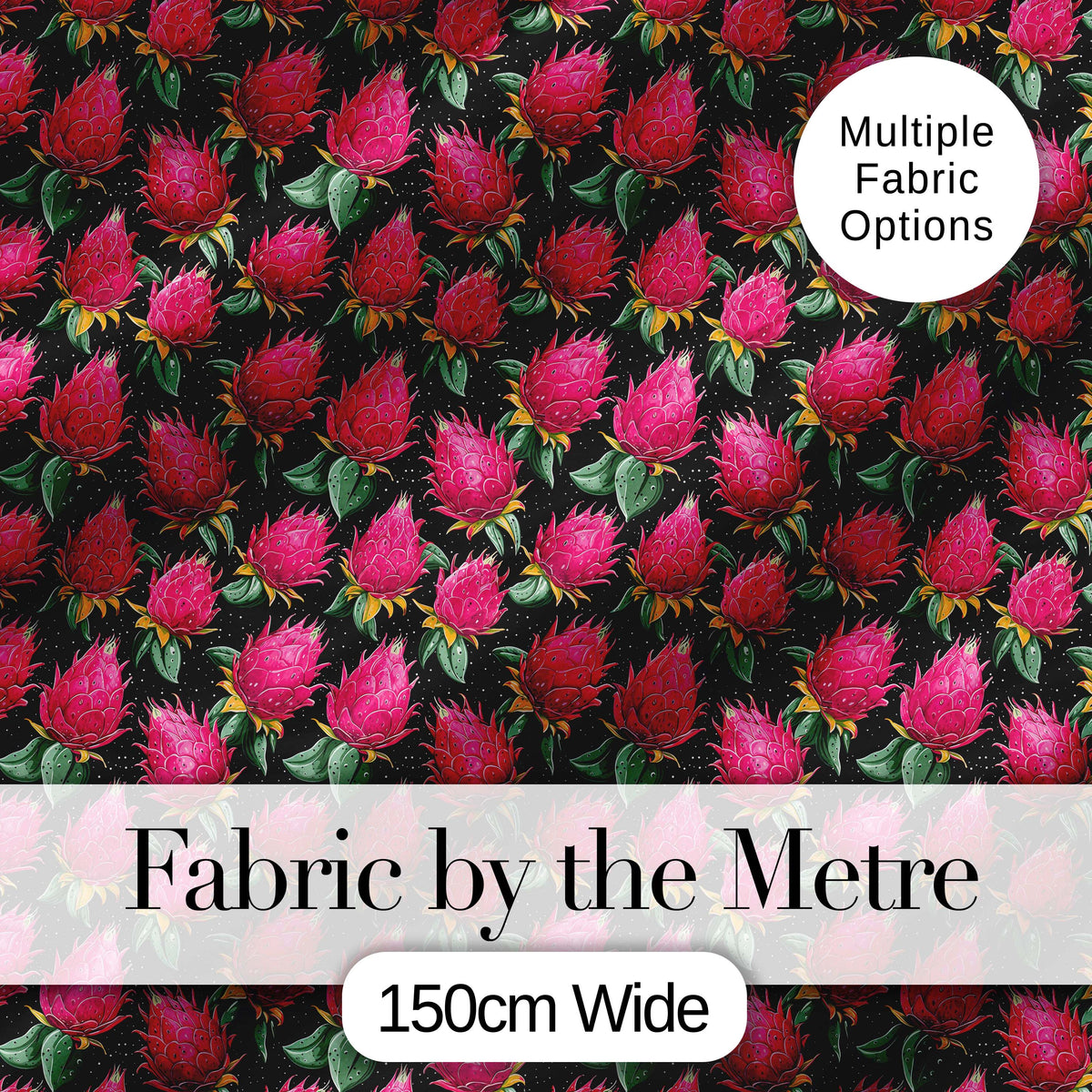 Dragon Fruit Pattern with Green Leaves on Dark Background Digital Print Fabric by the Metre UK Sewing Quilting Textile