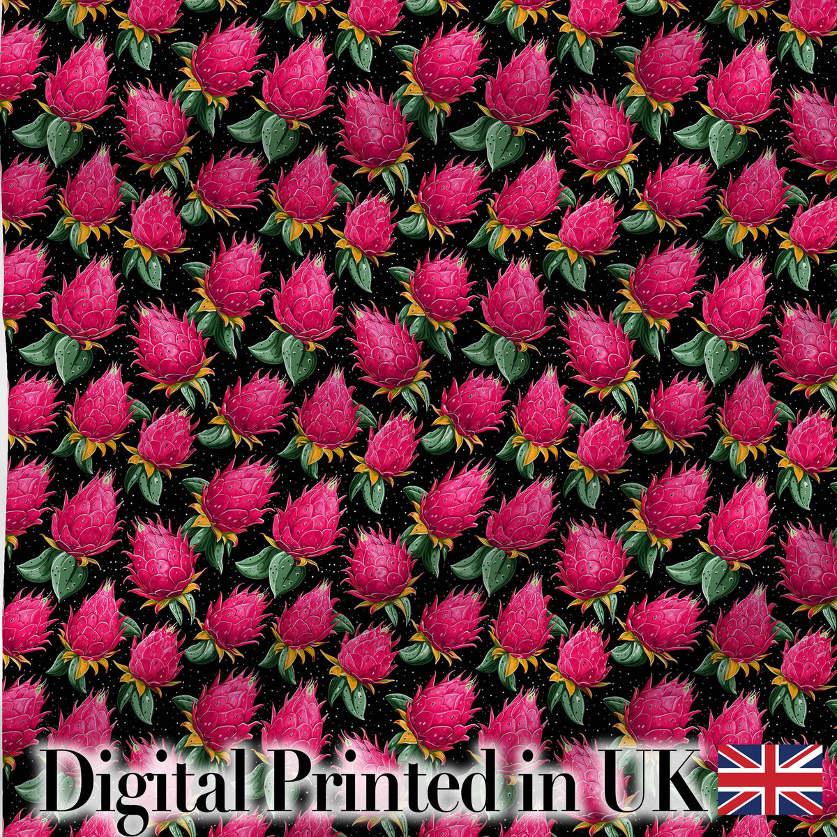 Dragon Fruit Pattern with Green Leaves on Dark Background Digital Print Fabric by the Metre UK Sewing Quilting Textile