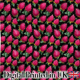 Dragon Fruit Pattern with Green Leaves on Dark Background Digital Print Fabric by the Metre UK Sewing Quilting Textile