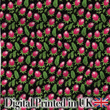 Protea Flower and Fern Leaf Pattern on Black Background Digital Print Fabric by the Metre UK Sewing Quilting Textile