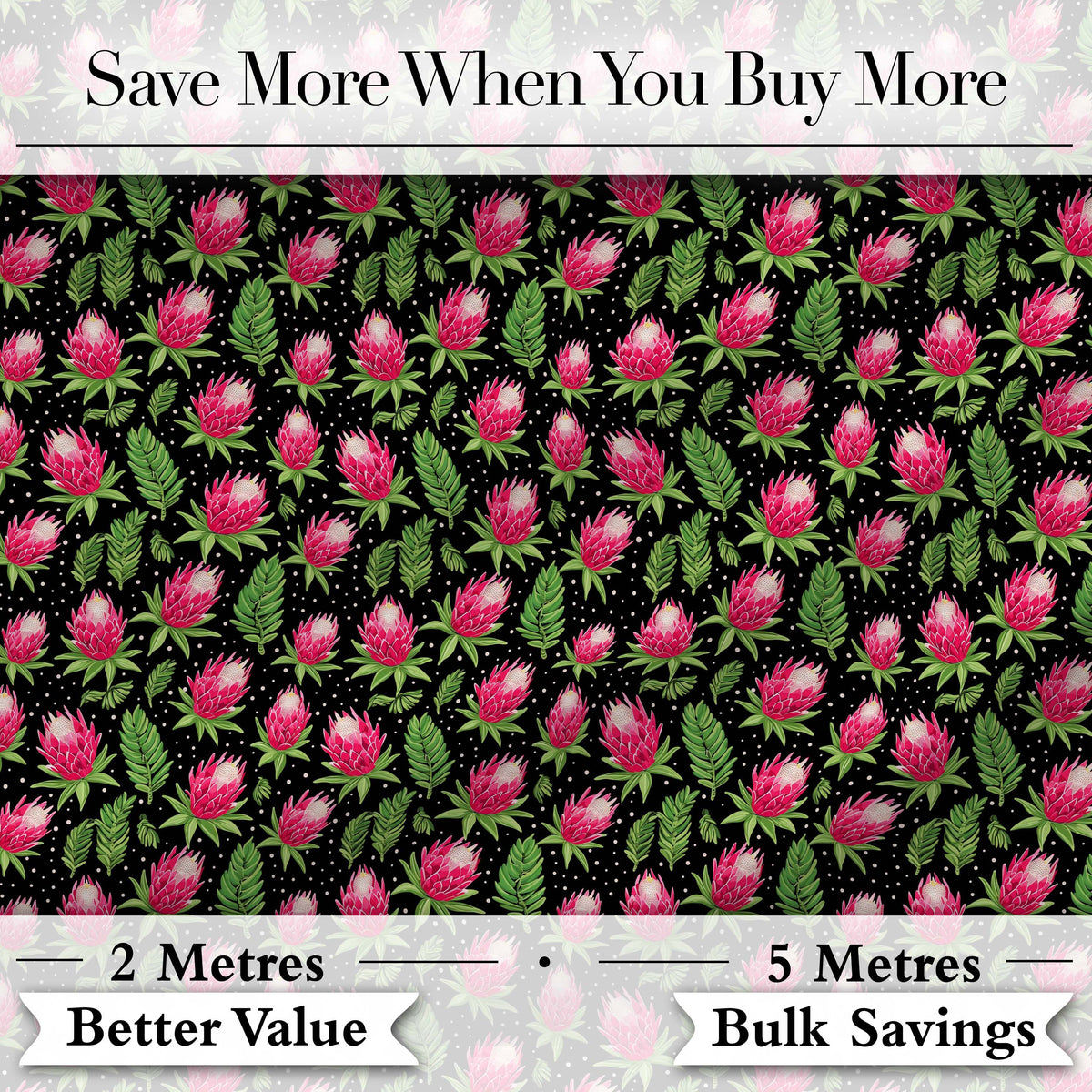 Protea Flower and Fern Leaf Pattern on Black Background Digital Print Fabric by the Metre UK Sewing Quilting Textile