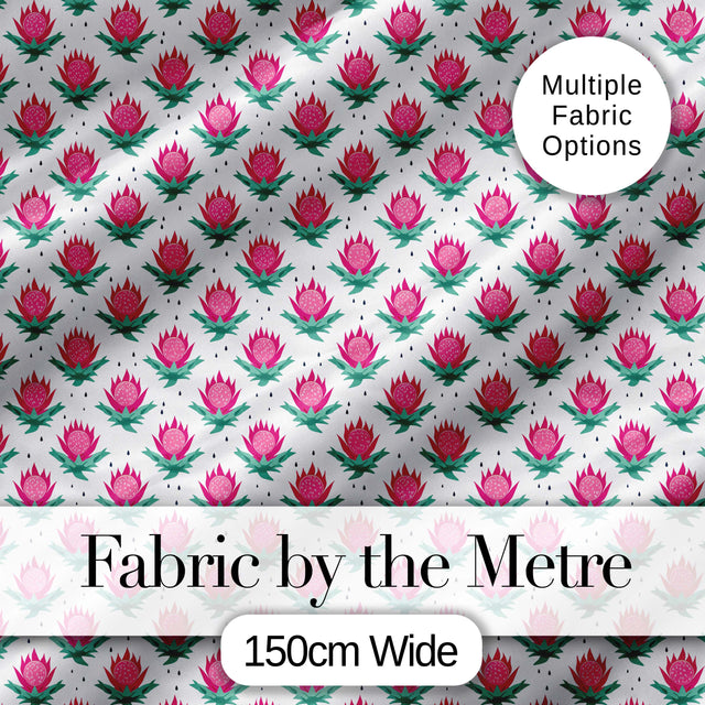 Stylised Pink Floral Bud Pattern with Green Leaves on Light Background Digital Print Fabric by the Metre UK Sewing Quilting Textile