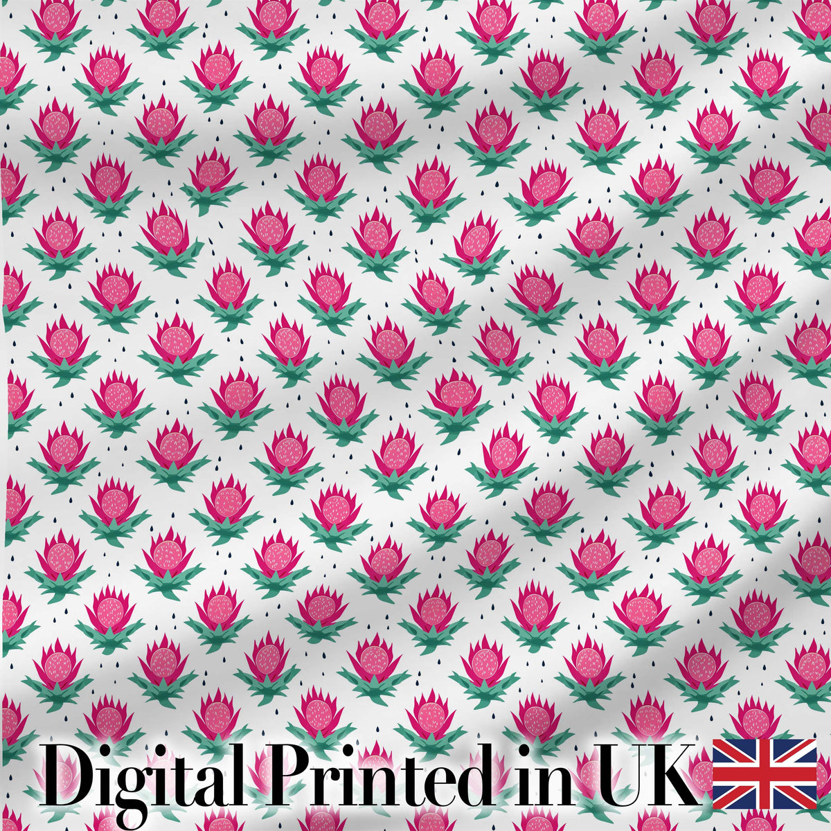 Stylised Pink Floral Bud Pattern with Green Leaves on Light Background Digital Print Fabric by the Metre UK Sewing Quilting Textile