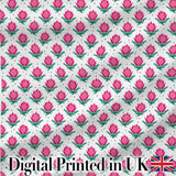 Stylised Pink Floral Bud Pattern with Green Leaves on Light Background Digital Print Fabric by the Metre UK Sewing Quilting Textile