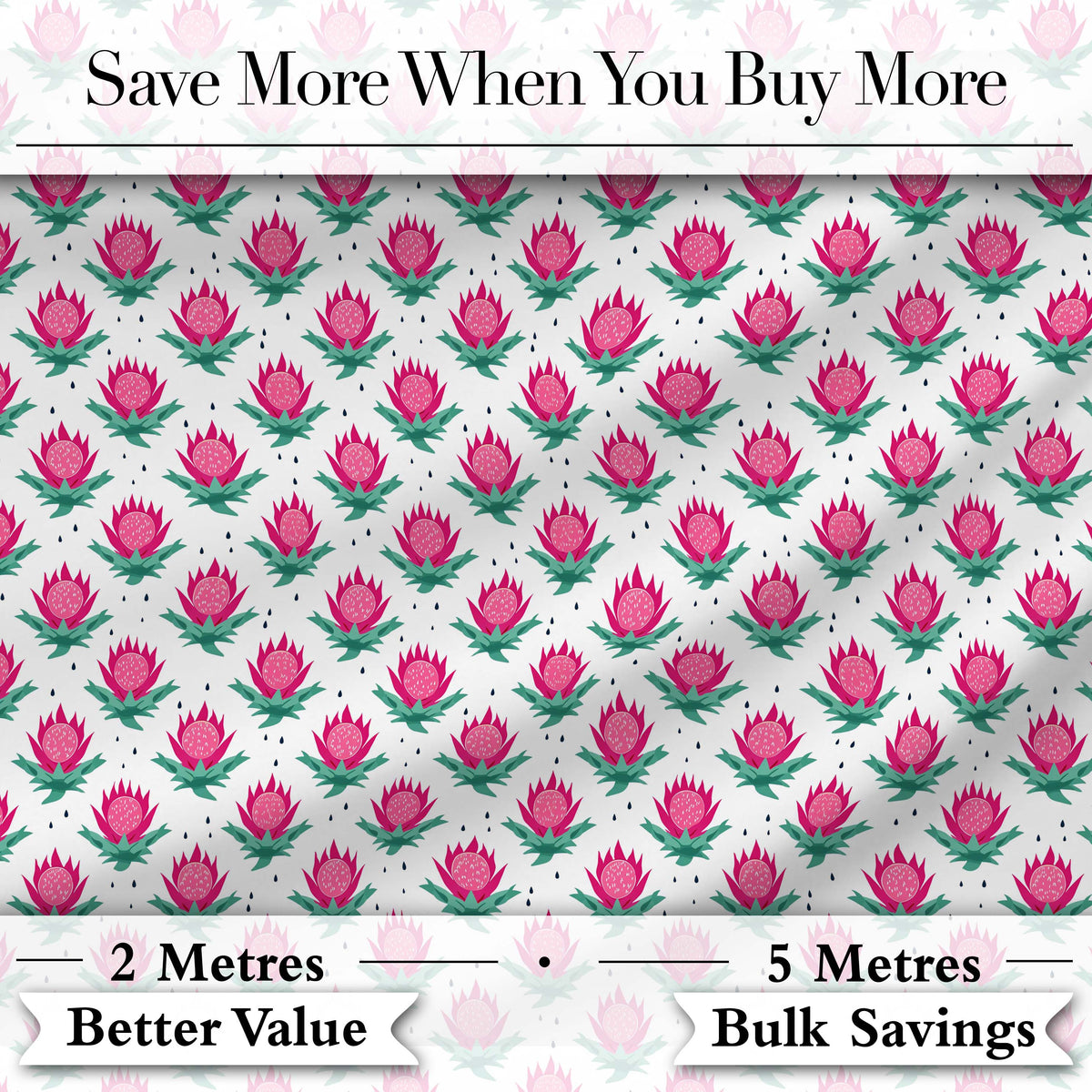 Stylised Pink Floral Bud Pattern with Green Leaves on Light Background Digital Print Fabric by the Metre UK Sewing Quilting Textile