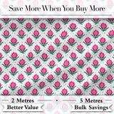 Stylised Pink Floral Bud Pattern with Green Leaves on Light Background Digital Print Fabric by the Metre UK Sewing Quilting Textile