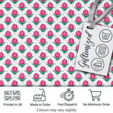 Stylised Pink Floral Bud Pattern with Green Leaves on Light Background Digital Print Fabric by the Metre UK Sewing Quilting Textile