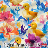Watercolour Ducklings with Floral Pattern on Light Background Digital Print Fabric by the Metre UK Sewing Quilting Textile