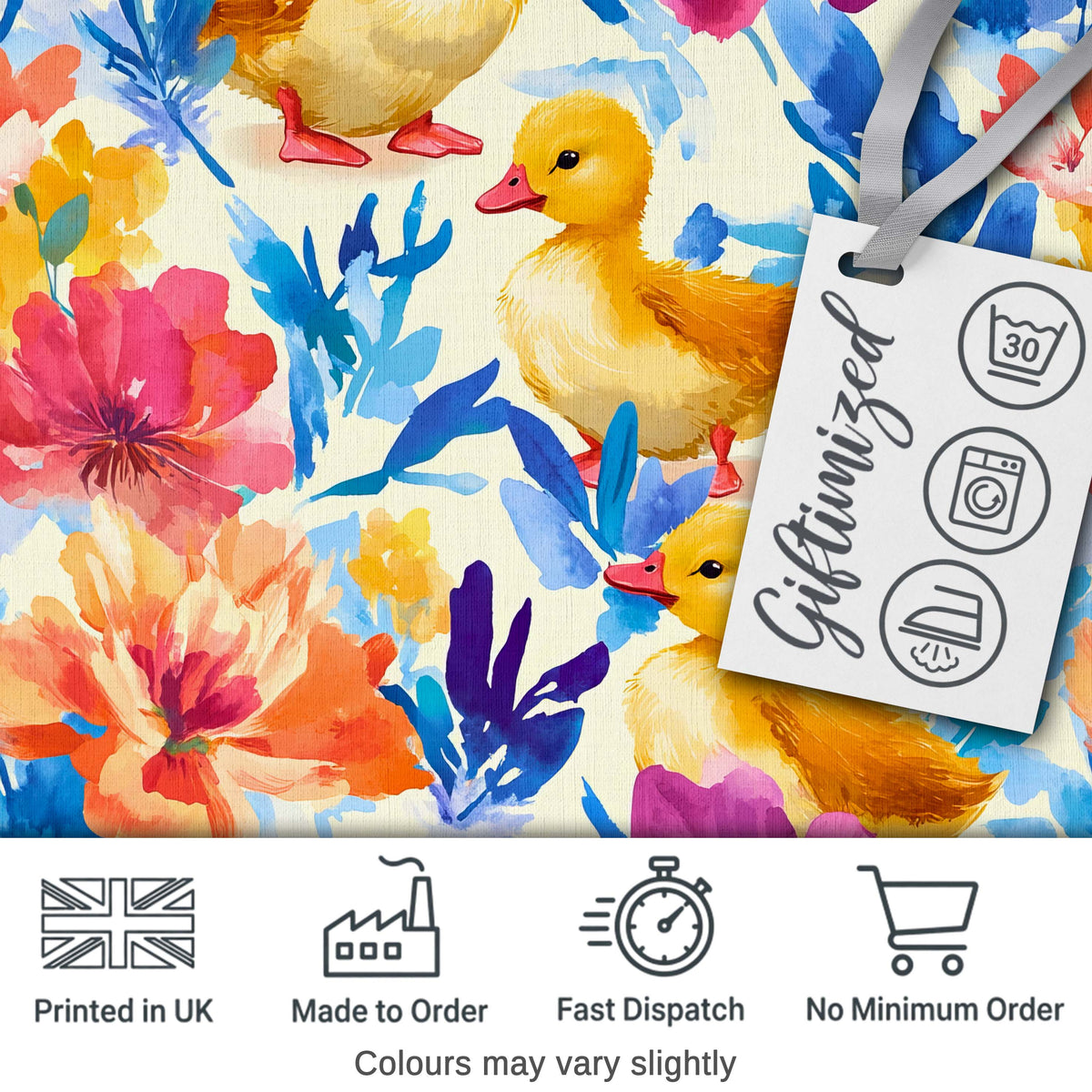 Watercolour Ducklings with Floral Pattern on Light Background Digital Print Fabric by the Metre UK Sewing Quilting Textile