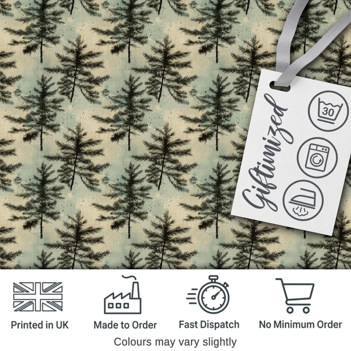 Vintage Pine Tree Silhouette  on Soft Neutral Background with Subtle Texture Digital Print Fabric by the Metre UK Sewing Quilting Textile