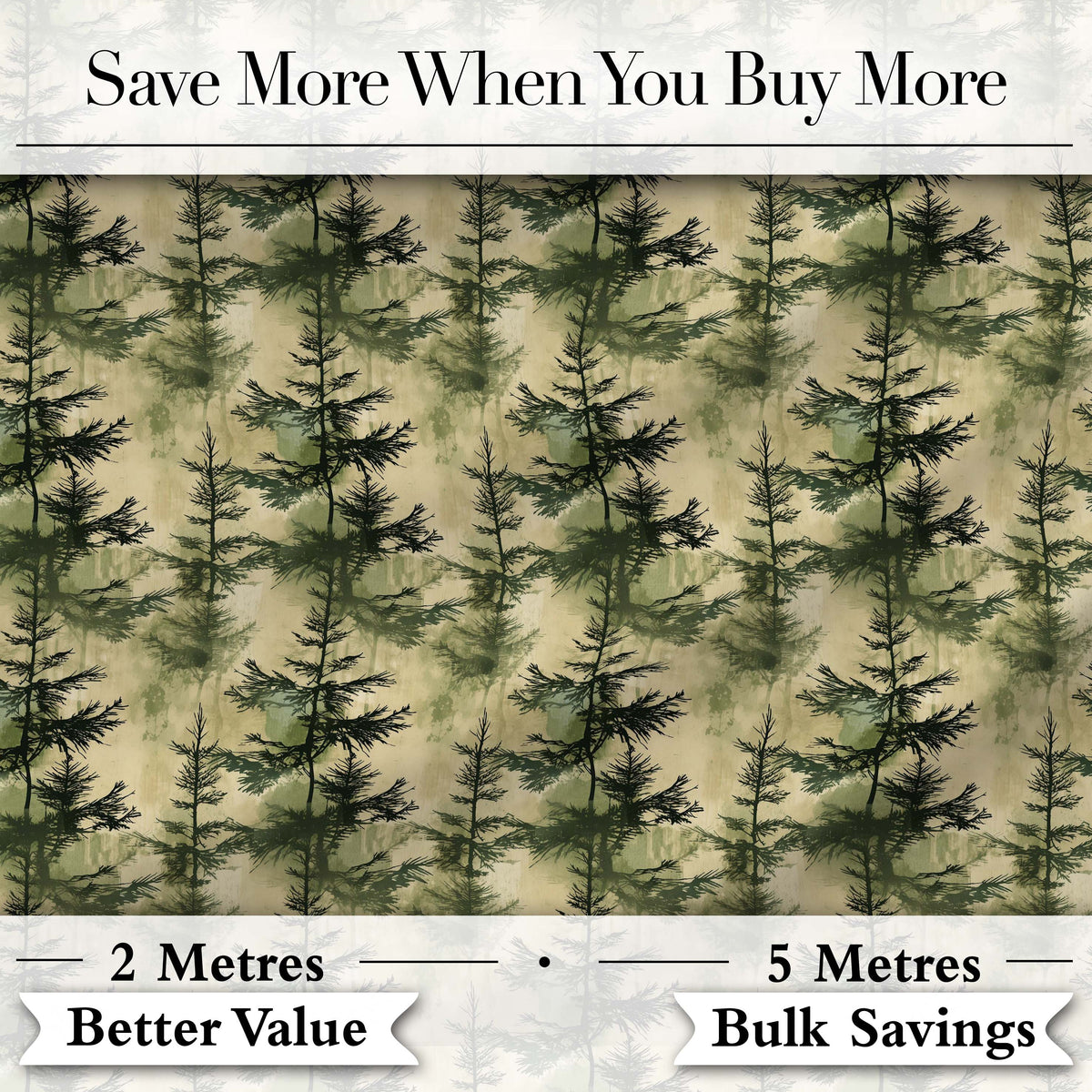 Watercolour Forest Pine Tree  with Layered Green Tones and Abstract Texture Digital Print Fabric by the Metre UK Sewing Quilting Textile
