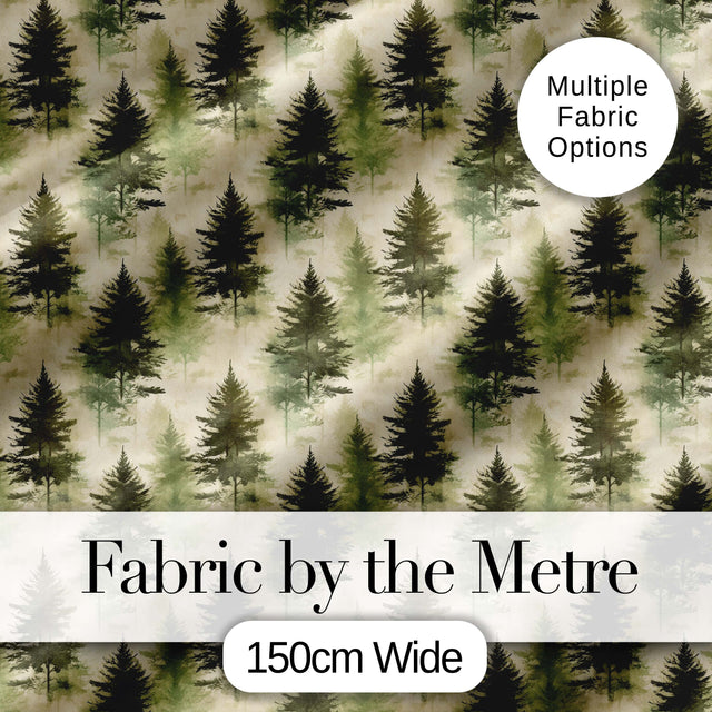 Soft Watercolour Evergreen Tree  with Misty Forest Effect on Light Background Digital Print Fabric by the Metre UK Sewing Quilting Textile