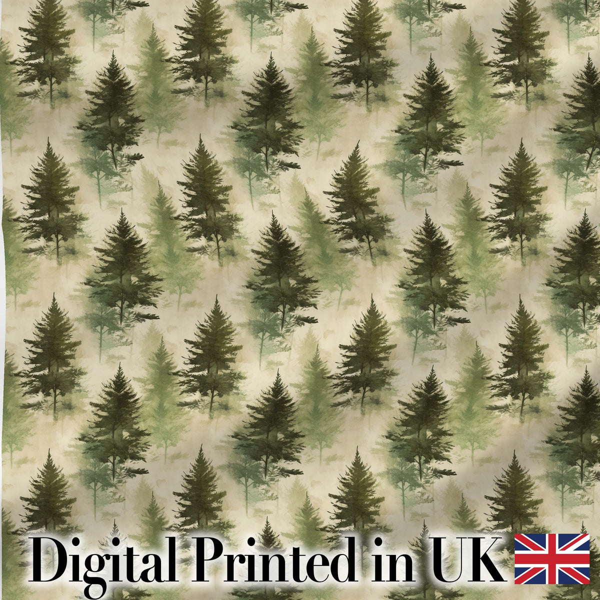 Soft Watercolour Evergreen Tree  with Misty Forest Effect on Light Background Digital Print Fabric by the Metre UK Sewing Quilting Textile