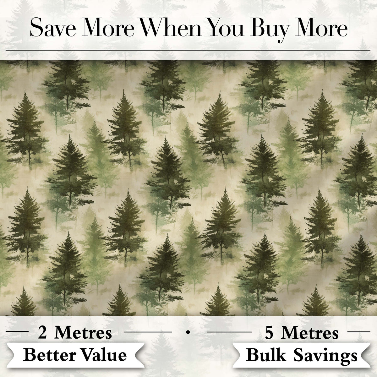 Soft Watercolour Evergreen Tree  with Misty Forest Effect on Light Background Digital Print Fabric by the Metre UK Sewing Quilting Textile