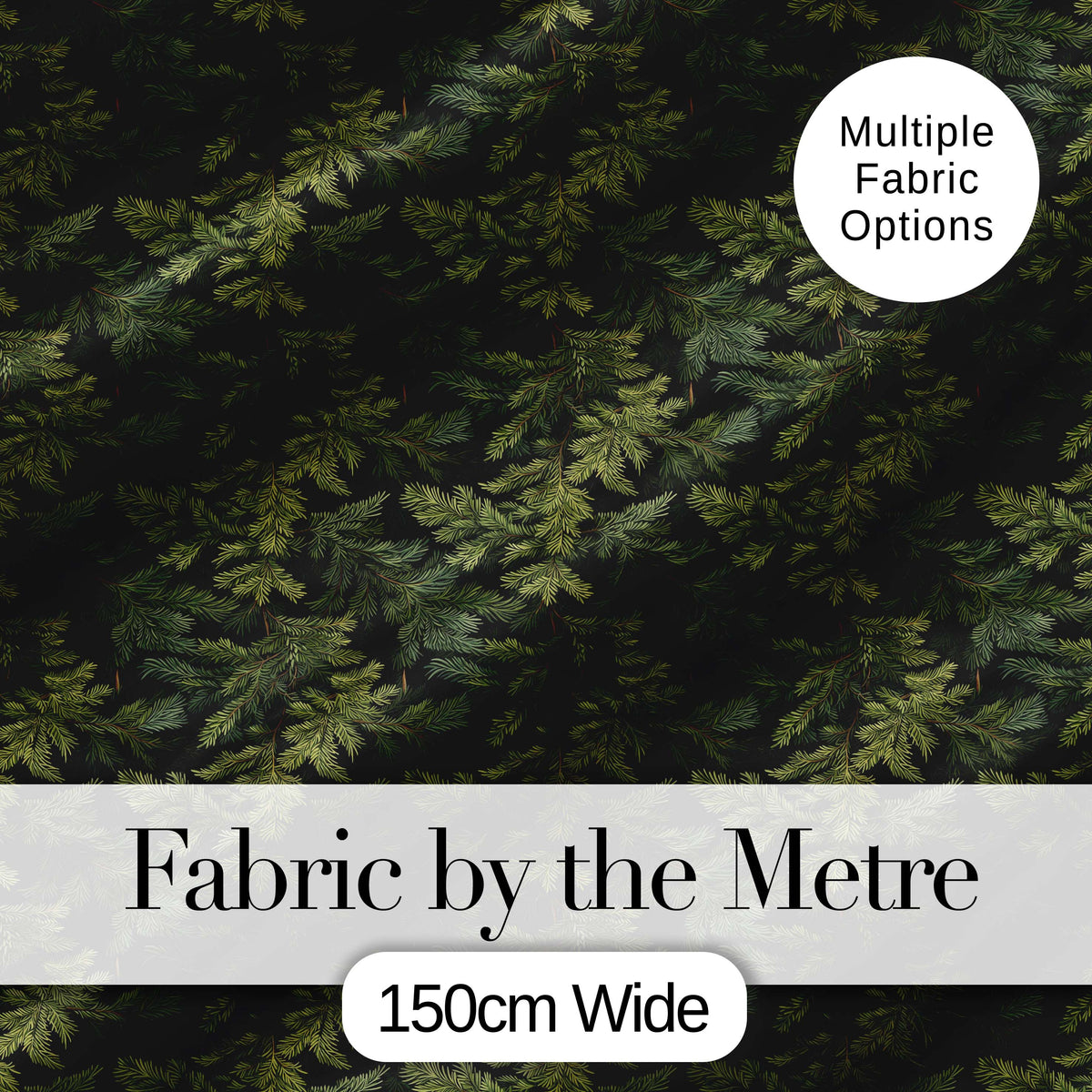 Dark Evergreen Fir Branch Pattern with Dense Foliage on Black Background Digital Print Fabric by the Metre UK Sewing Quilting Textile