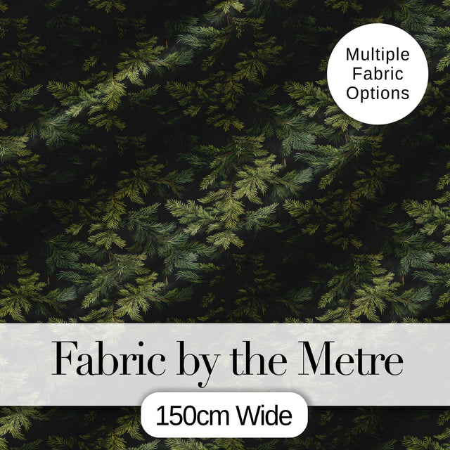 Dark Evergreen Fir Branch Pattern with Dense Foliage on Black Background Digital Print Fabric by the Metre UK Sewing Quilting Textile