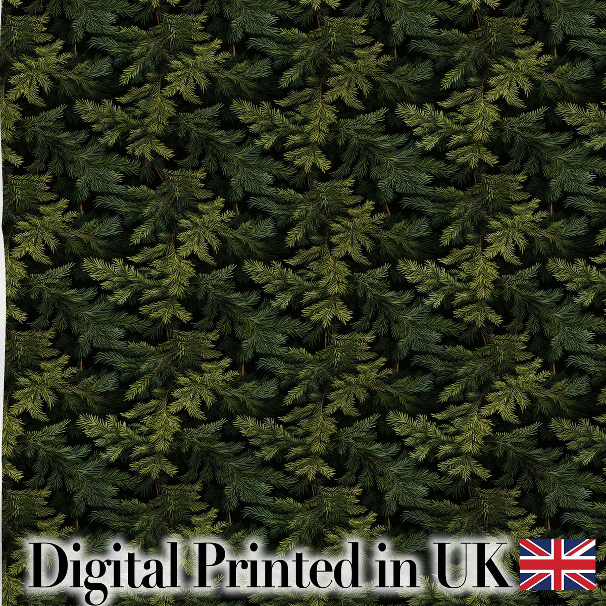 Dark Evergreen Fir Branch Pattern with Dense Foliage on Black Background Digital Print Fabric by the Metre UK Sewing Quilting Textile