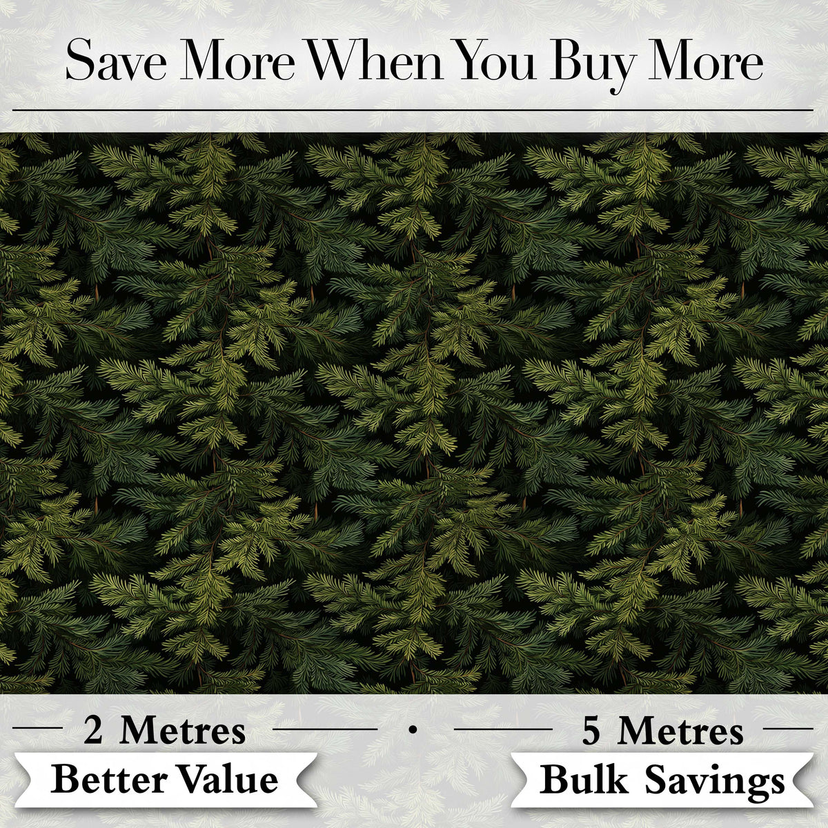 Dark Evergreen Fir Branch Pattern with Dense Foliage on Black Background Digital Print Fabric by the Metre UK Sewing Quilting Textile