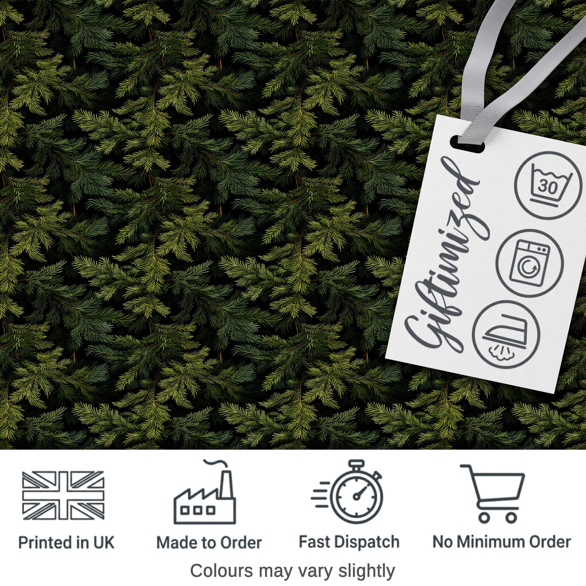 Dark Evergreen Fir Branch Pattern with Dense Foliage on Black Background Digital Print Fabric by the Metre UK Sewing Quilting Textile