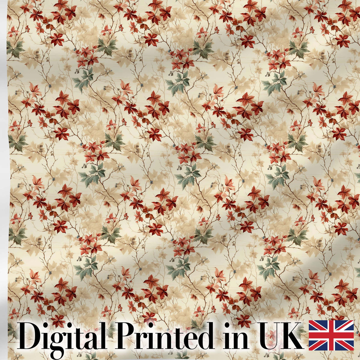 Vintage Floral Branch Pattern with Red Leaves on Neutral Background Digital Print Fabric by the Metre UK Sewing Quilting Textile