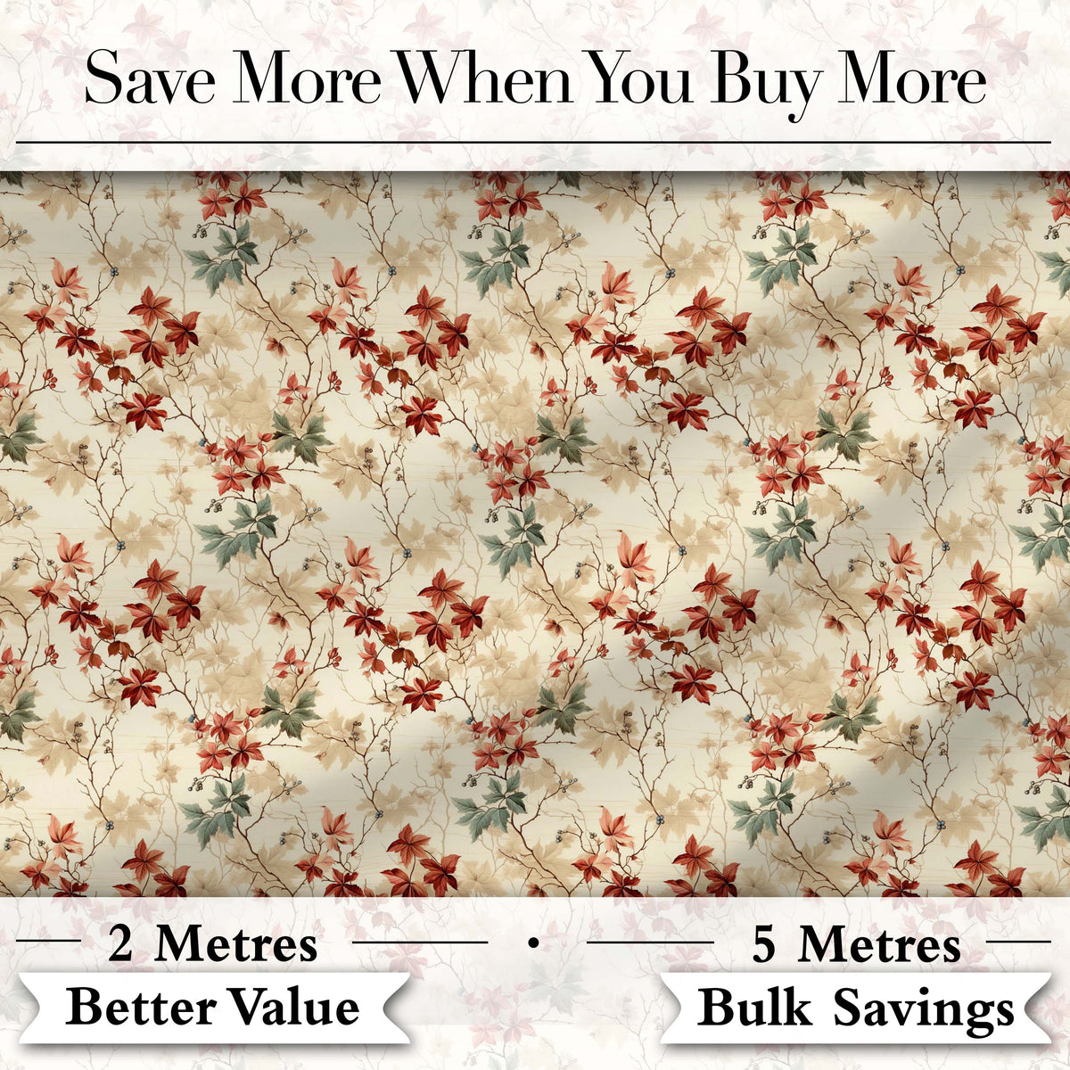 Vintage Floral Branch Pattern with Red Leaves on Neutral Background Digital Print Fabric by the Metre UK Sewing Quilting Textile
