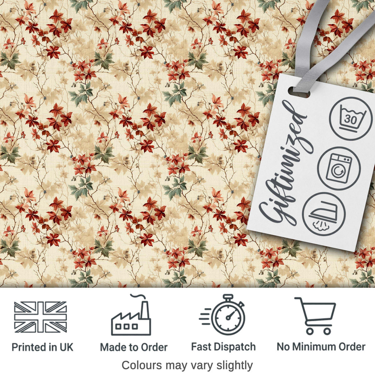 Vintage Floral Branch Pattern with Red Leaves on Neutral Background Digital Print Fabric by the Metre UK Sewing Quilting Textile